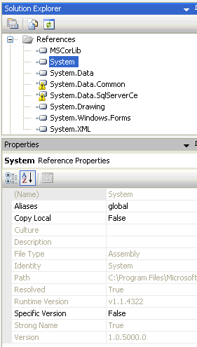 Vérification de la version des références dans Visual Studio 2005.