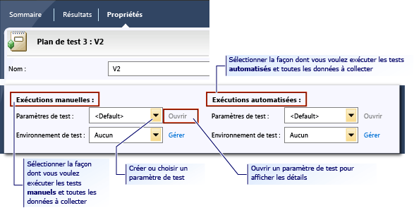 Paramètres de test Microsoft Test Manager dans un plan de test