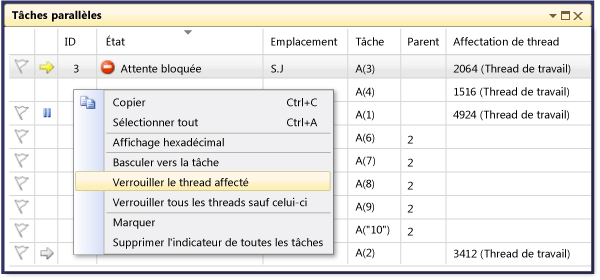 Menu Raccourci dans la fenêtre Tâches parallèles