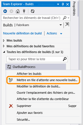 Mise en file d'attente d'une build à partir de la page Builds