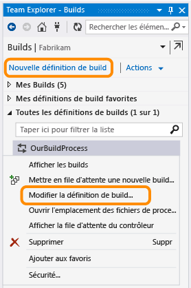Nouvelle définition de build ou Modifier la définition de build