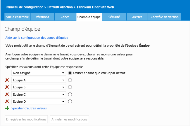 Page Champ d'équipe pour le contexte d'administration de projet d'équipe