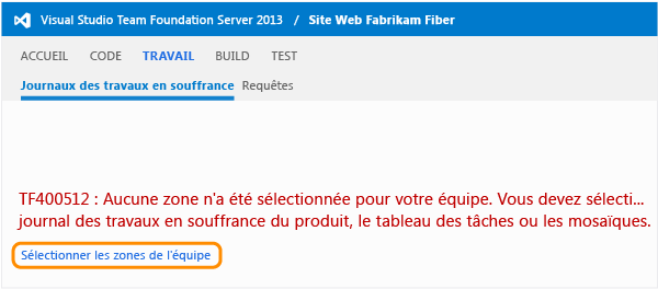 Sélectionnez le lien de zones de l'équipe dans la page Backlogs dans TWA