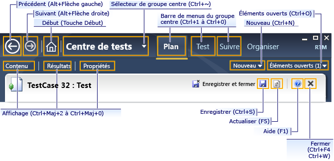 Raccourcis clavier pour le Microsoft Test Manager