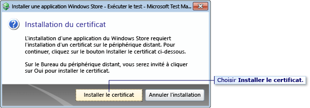 Boîte de dialogue du certificat de test