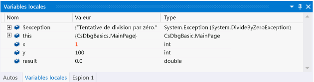 Modifier une valeur dans la fenêtre Variables locales