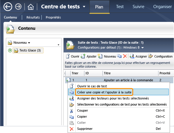 Cliquez avec le bouton droit sur un cas de test et choisissez Créer une copie