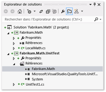 Explorateur de solutions avec des projets de classe et de test