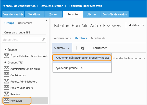 Ouvrir la boîte de dialogue pour ajouter des membres au groupe TFS