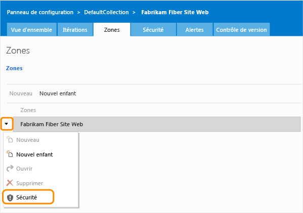 Lien Sécurité dans le menu contextuel Chemin de la zone