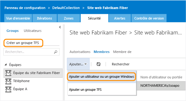 Lien Créer un groupe TFS dans la page d'administration de la sécurité