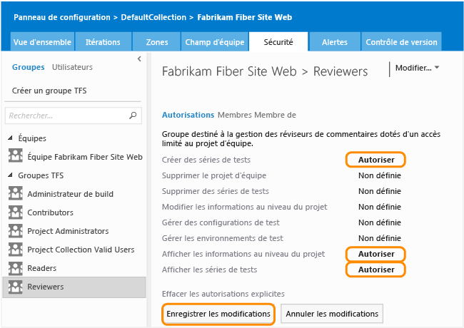 Vue Autorisations, groupe Relecteurs dans la page Sécurité