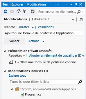 Page des modifications dans Team Explorer