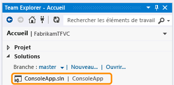 Ouvrir une solution sur la page Accueil Team Explorer