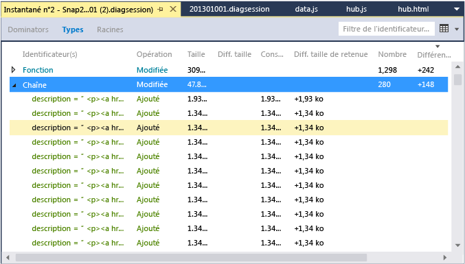 Vue de la comparaison des instantanés affichant les types