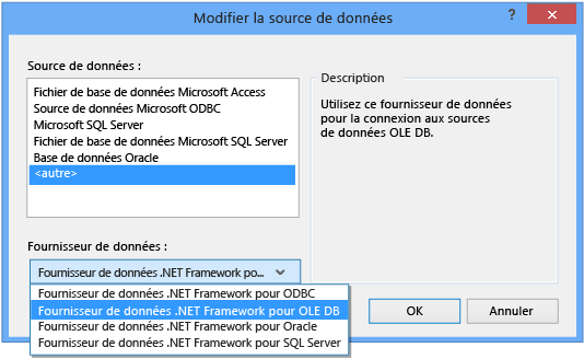 Choisir le fournisseur de données OLE DB