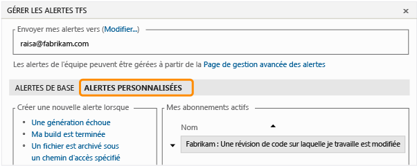 Ouvrir les alertes personnalisées