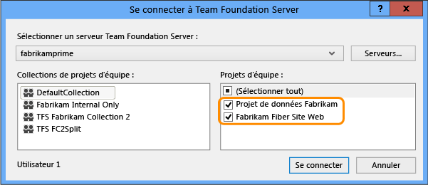 Boîte de dialogue Se connecter à Team Foundation Server