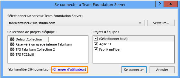 Boîte de dialogue Se connecter à Team Foundation Server