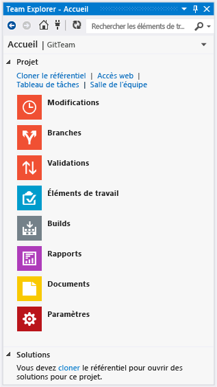 Page d'accueil de Team Explorer avec Git comme contrôle de source