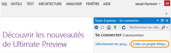 Lien Nouveau dans la page de connexion (Team Explorer)