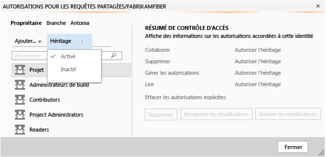 Boîte de dialogue Sécrété avec option Héritage