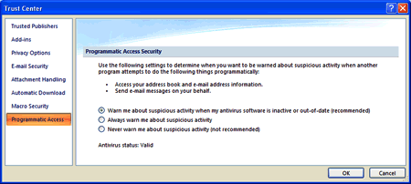 Paramètres d'accès par programme du Centre de gestion de la confidentialité d'Outlook (cliquez sur l'image pour l'agrandir).