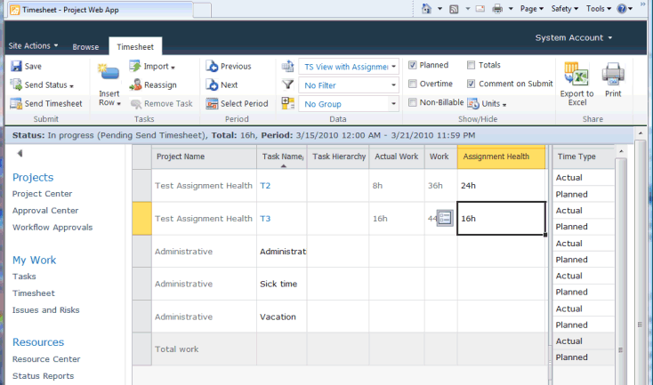 Setting the duration value for Assignment Health