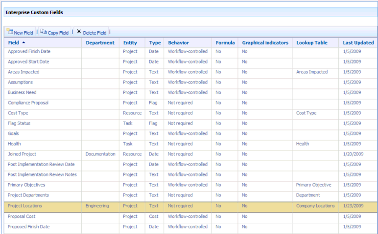 List of enterprise custom fields