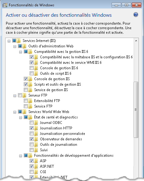 Première partie de la liste des fonctionnalités Windows