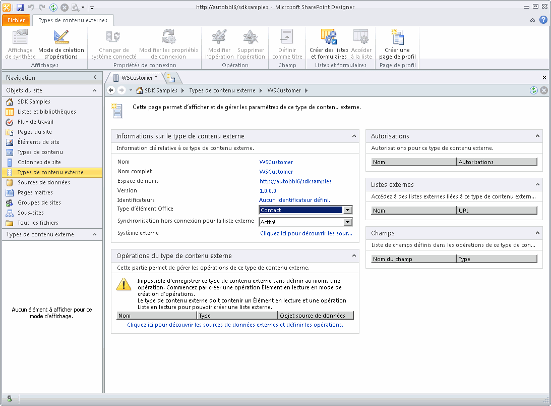 Paramètres généraux du type de contenu externe