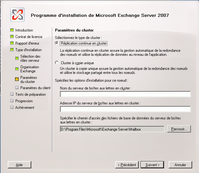 Assistant Installation Exchange 2007 - page Paramètres du cluster
