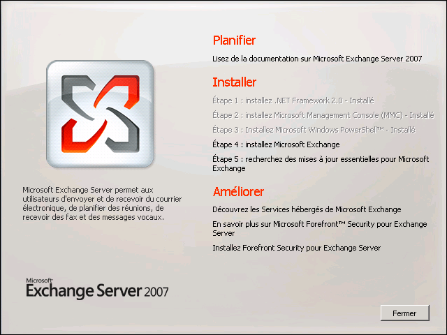 lancement de la page grâce à l'exécution du fichier d'installation Setup.exe d'Exchange 2007