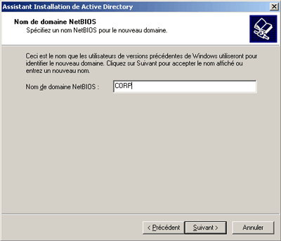 Installation d'Active Directory, nom de domaine NetBIOS