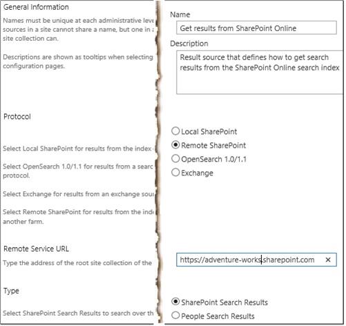 First four sections of result source page for getting results from SharePoint Online