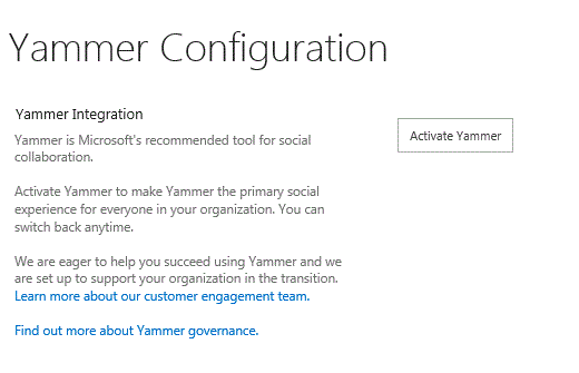 Yammer Configuration page in Central Admin