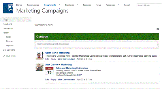 Yammer group feed on a team site page