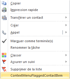 Développement du menu contextuel pour un élément de contact avec indicateur