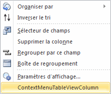Développement du menu contextuel pour une colonne de table