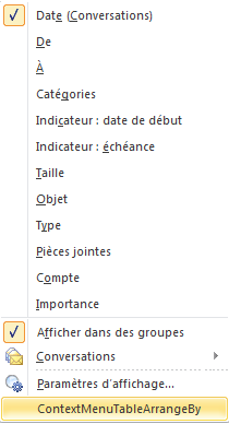 Développement du menu Organiser par dans une table