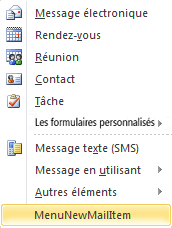 Développement du menu des nouveaux éléments pour le module de courrier