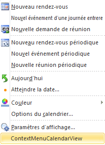 Développement du menu contextuel dans un calendrier