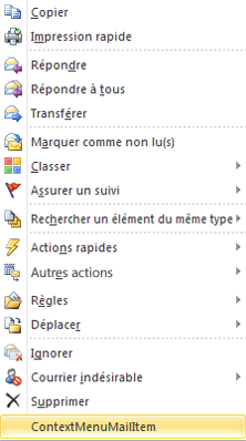 Développement du menu contextuel pour un élément de courrier