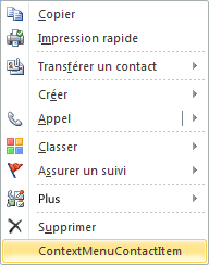 Développement du menu contextuel pour un élément de contact