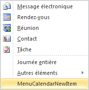 Développement du menu des nouveaux éléments pour le module Calendrier