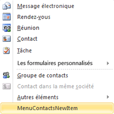 Développement du menu des nouveaux éléments pour le module Contacts