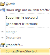 Développement du menu contextuel pour un raccourci