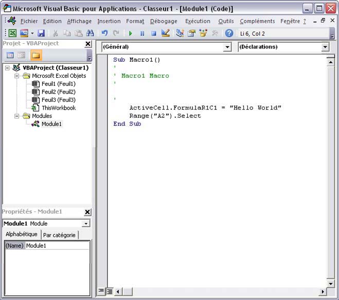 Code de macro dans Visual Basic Editor