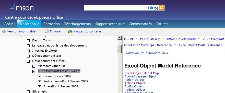 Référence du modèle objet Excel sur MSDN