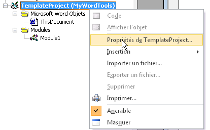 Sélection d’un élément de menu contextuel dans les propriétés d’un projet
